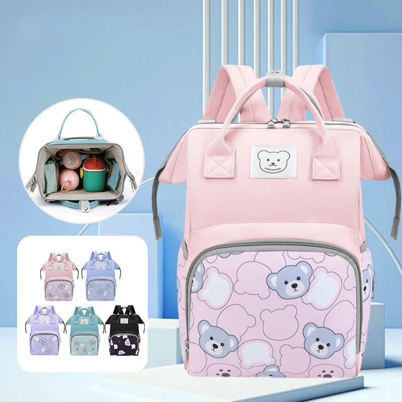 Saco de fraldas impermeável para carrinho, bebê fralda, mochila de maternidade, urso impresso, grande capacidade, moda