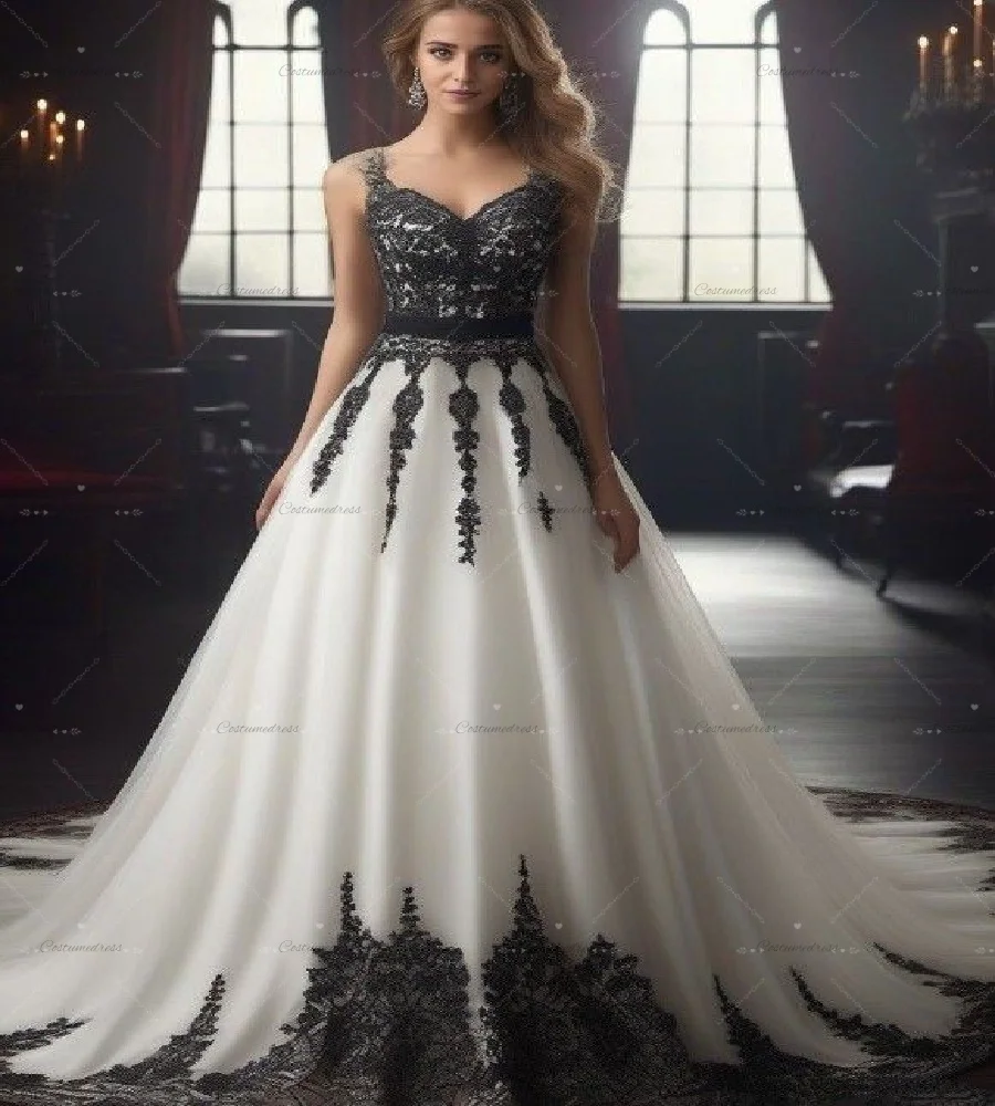 우아한 흑백 웨딩드레스 A라인 러스틱 컨트리 고딕 레이스 빈티지 보헤미안 가든 신부 드레스