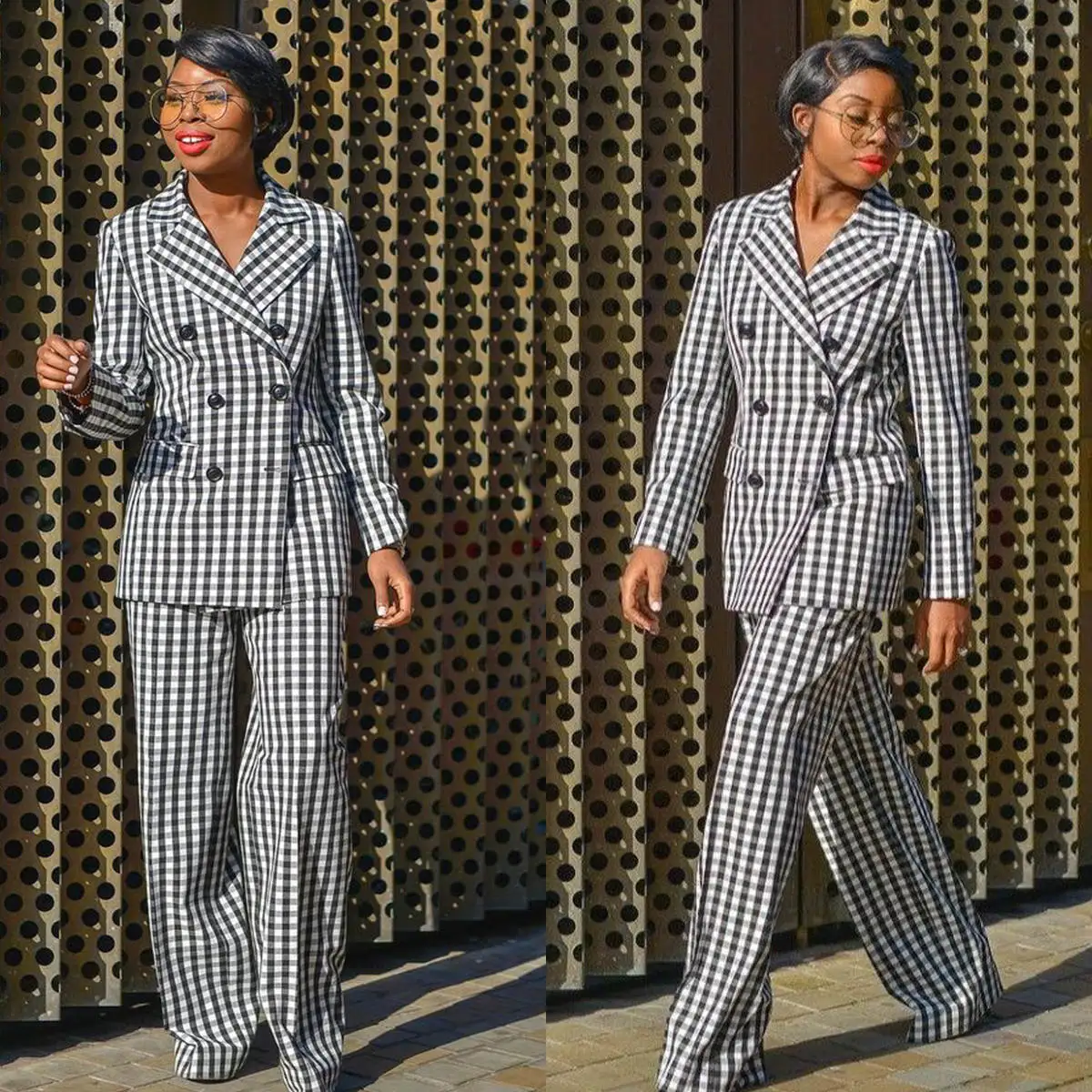 

Fashion Plaid Check Women Pants Suits Formal Lady Jacket Sets For Photograph Prom Wear Tuxedos Customized