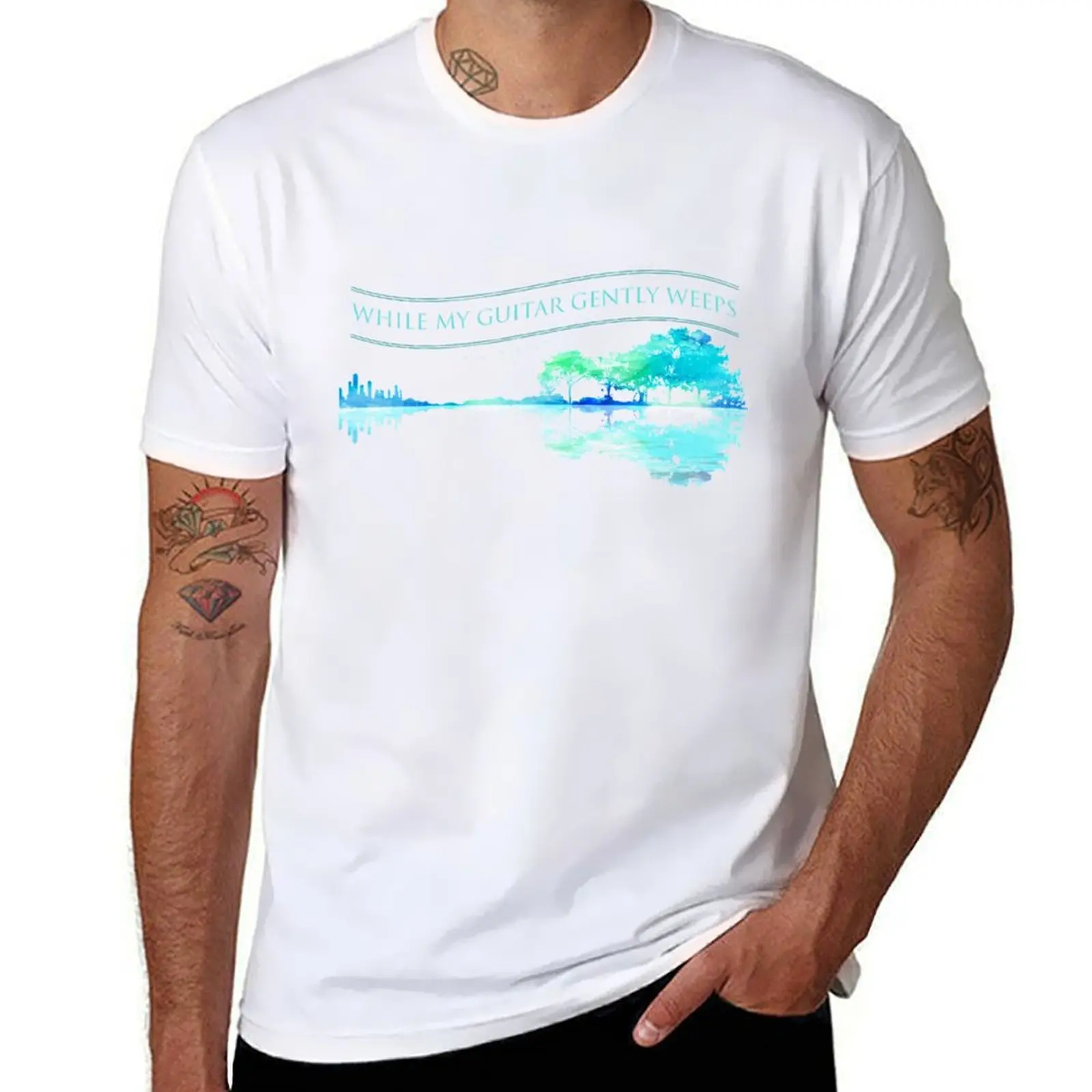 While My Guitar Gently Weeps - Camiseta con diseño de guitarra y naturaleza, camiseta básica de algodón de talla grande