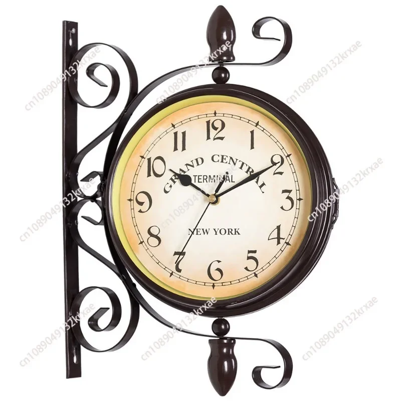 Antique-Look Wall Hanging Double Sided Clock Retro Station Clock Round Chandelier Scroll Wall Mount Home Decor Wall Clock 8 inch