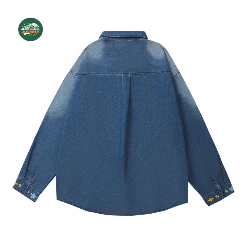 W2EJOURNEY 고품질 EU US 사이즈 럭셔리 아웃도어 빈티지 워시드 만화 자수 긴팔 데님 유니섹스 캐주얼 셔츠
