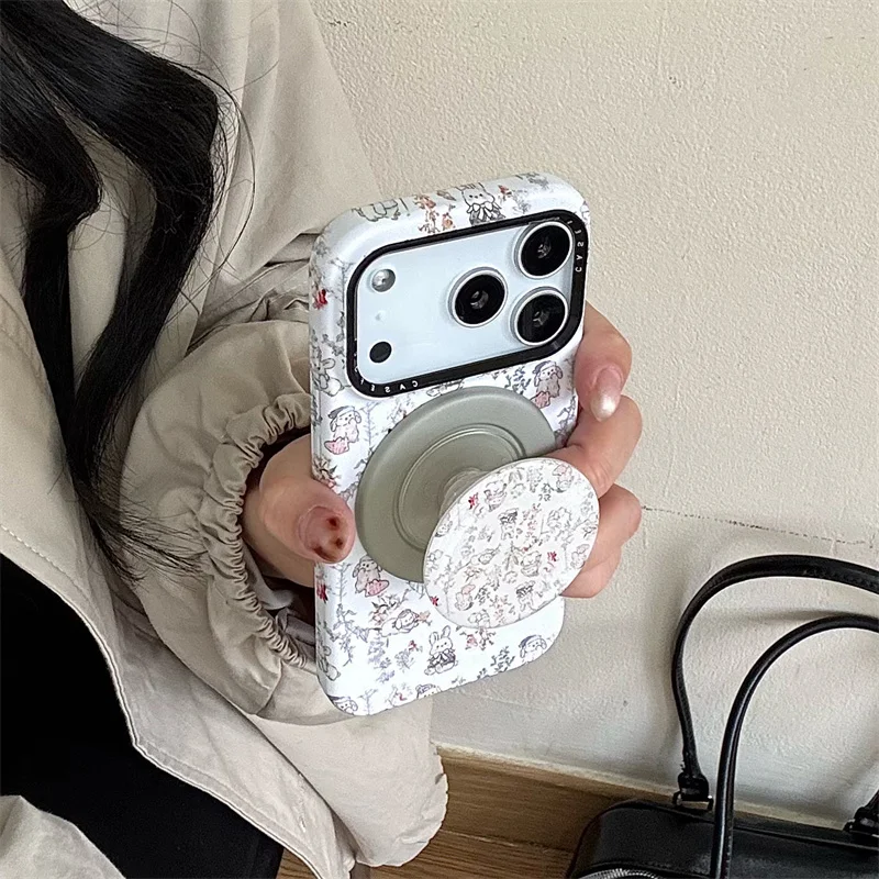 

Fashion Flower Painting Cute Rabbit Magnetic Phone Case For iPhone 17 Pro 15 14 16 Pro Max Cover with Stand Cartoon Hard Cases G