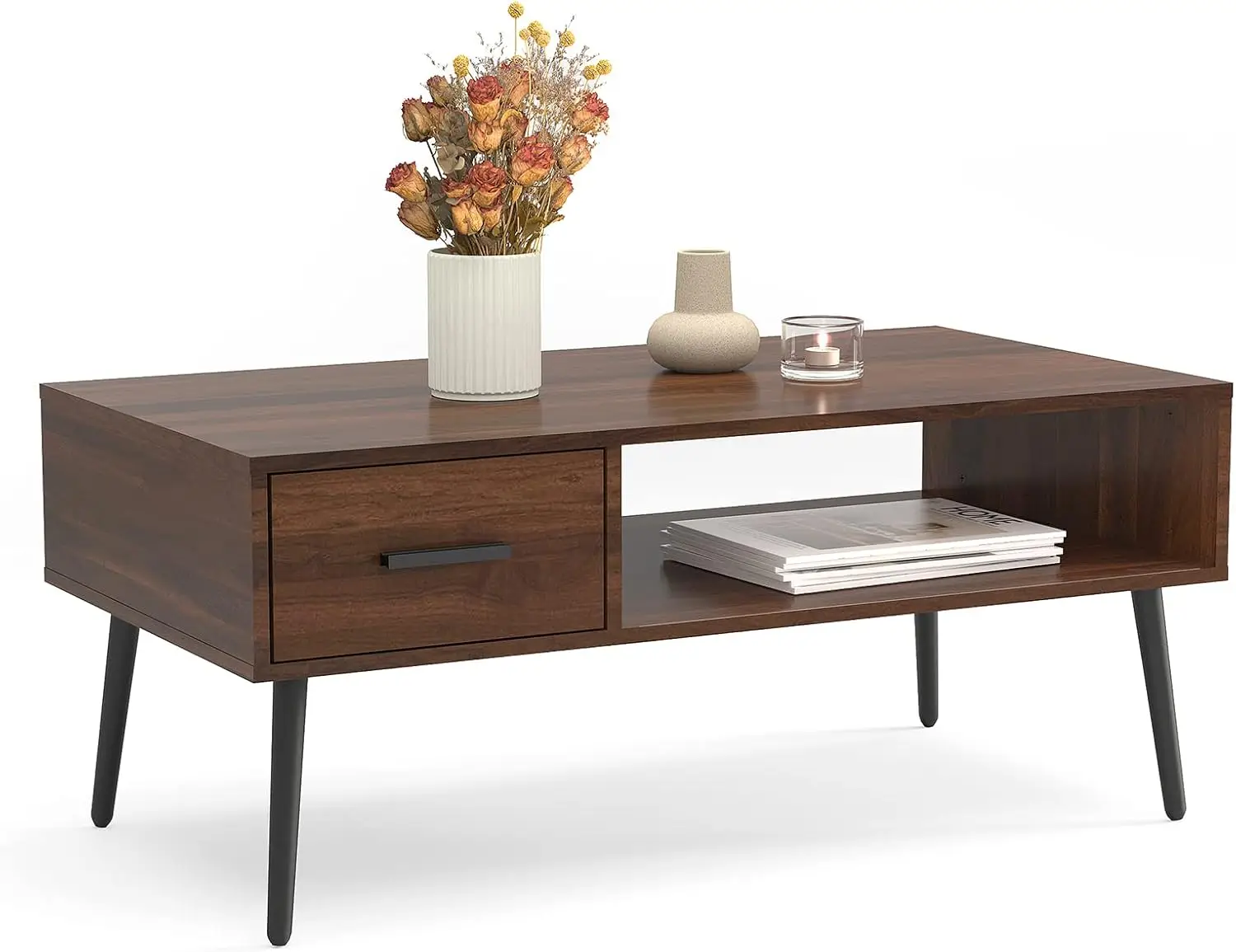 

Coffee Table, Mid Century Modern Center Table for Living Room with Storage, Walnut Tea Table with Drawer, Open Storage Shelf