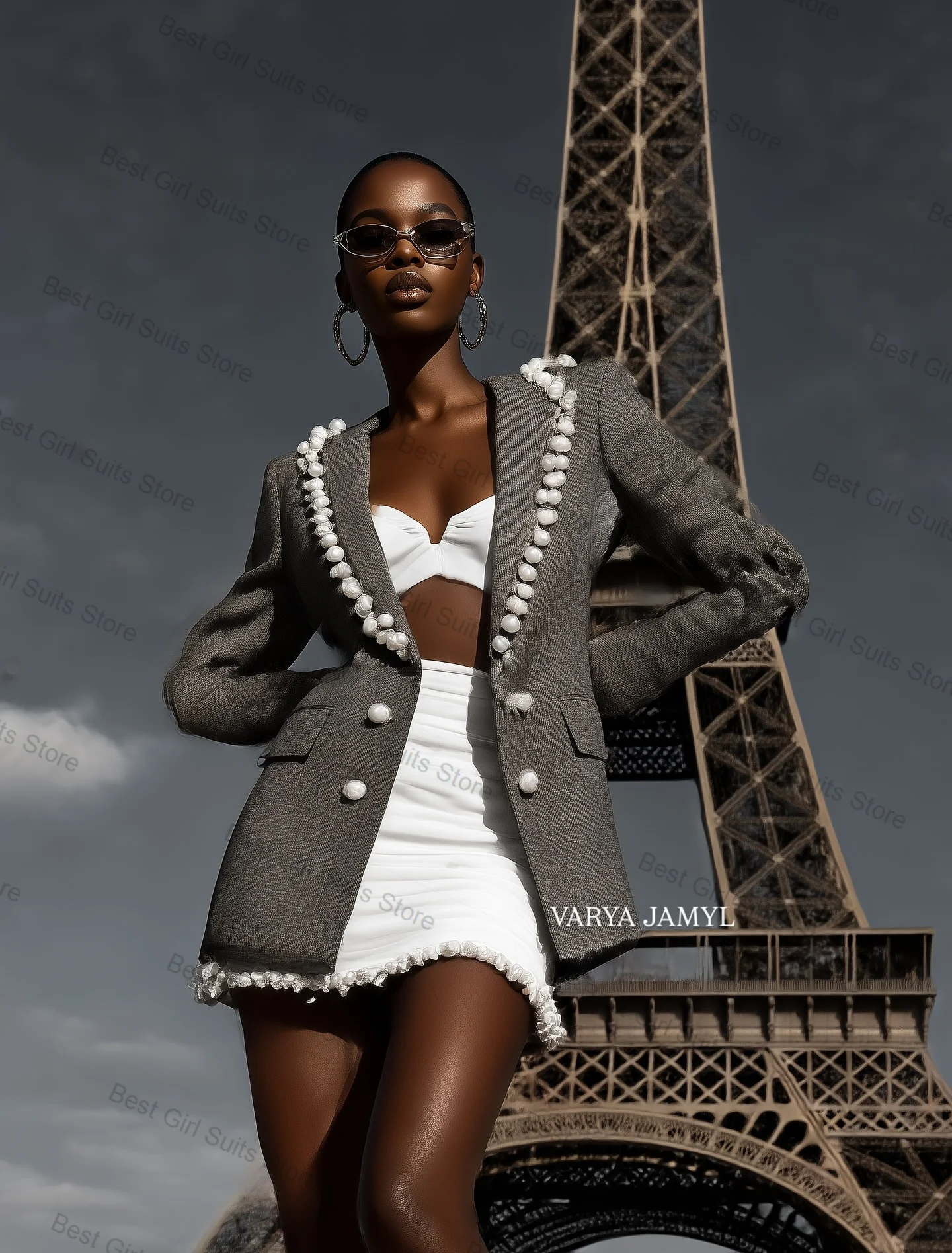 

Grey Women Suit 1 Pcs Blazer Luxury Pearls Sexy V Neck Formal Office Lady Jacket Customized Wedding Tuxedos Prom Coat
