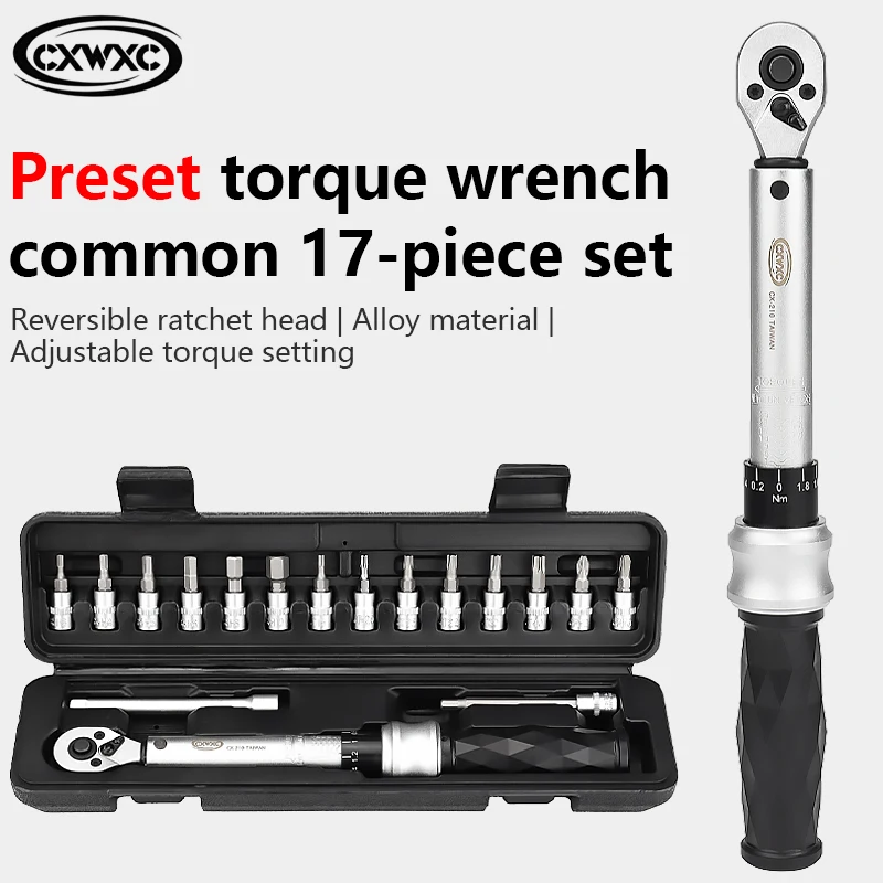 

Professional 17Pcs Torque Wrench Set 1-25N.m Bike & Car Repair Tool Kit with Reversible Ratchet & Sockets
