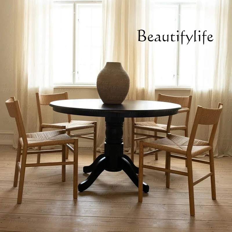 

X36 French Retro Solid Wood Round Dining Table Household Black Round Table Medieval Furniture Simple