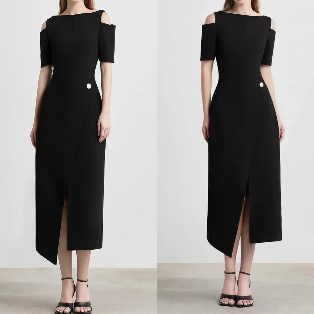 

Customized High Quality Black Jersey Evening Dress Temperament Scoop Off the Shoulder Short Sleeves Front Slit Zipper Back