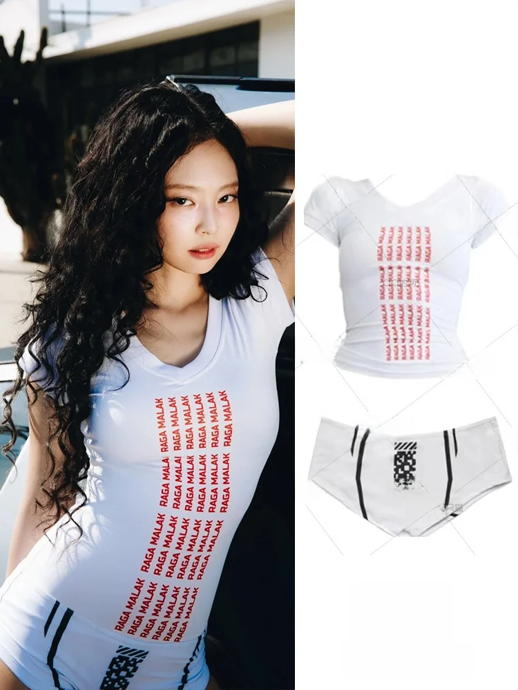 

Jennie Golden Mantra White V-Neck Letter Print T-Shirt Top Shorts Set Stage Performance Clothing Female CICIZHUANG Polyester