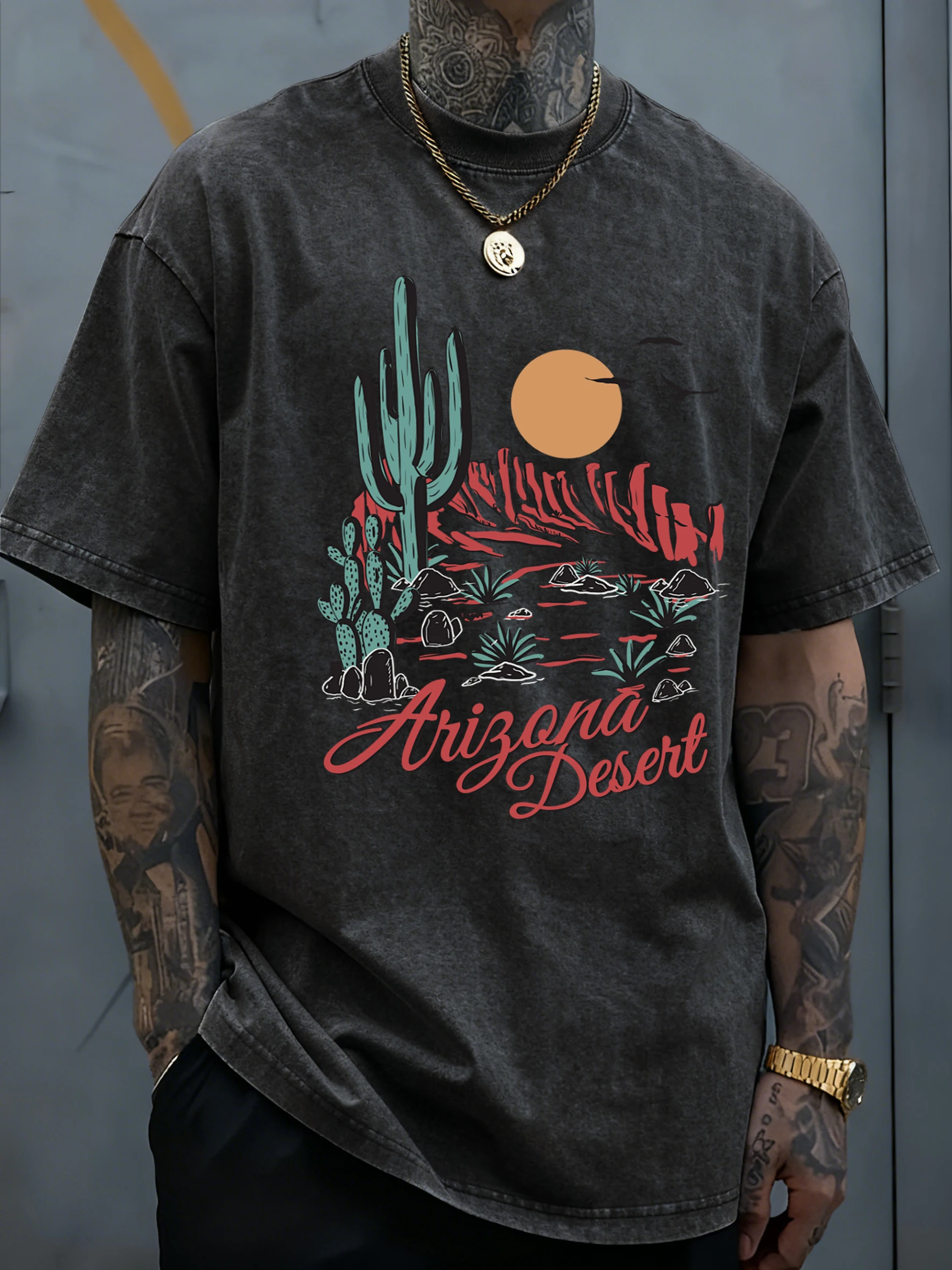 أريزونا الصحراء الصبار الجبل تصميم الرجال غسلها تي شيرت الهيب هوب لينة قصيرة الأكمام كل مباراة القطن تي شيرت فضفاض Crewneck