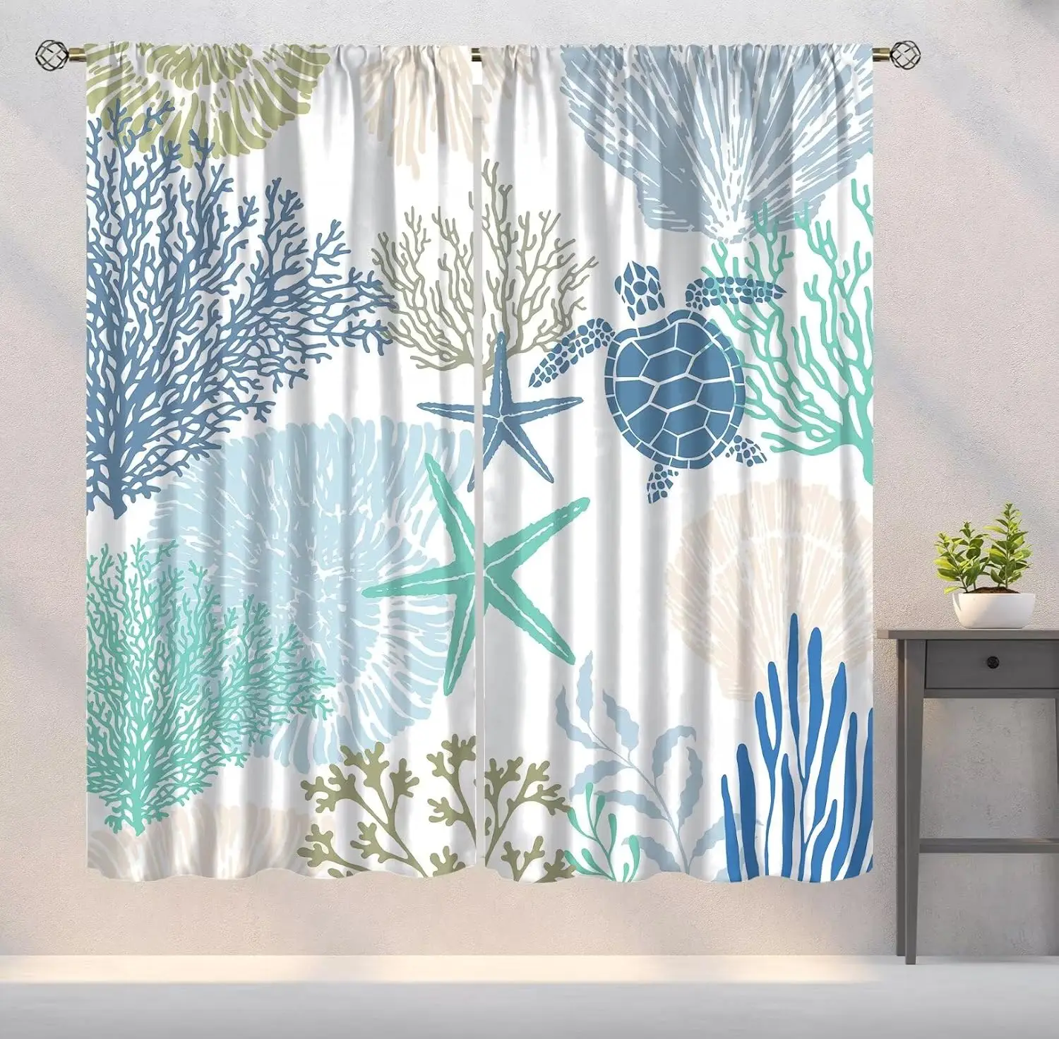 Coastal Marine Life Theme Curtain 2 Panels Colorful Coral Turtle Starfish Plain White Base Living Nautical Summer Home Curtains