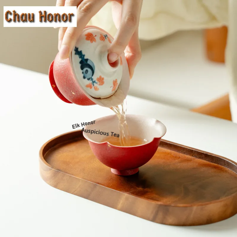 Gold Sprinkled Hand-painted Maple Leaf Panda Travel Tea Set Kit Handmade 1 Pot 1 Cups Tea Making Organizer Portable Outdoor Tote