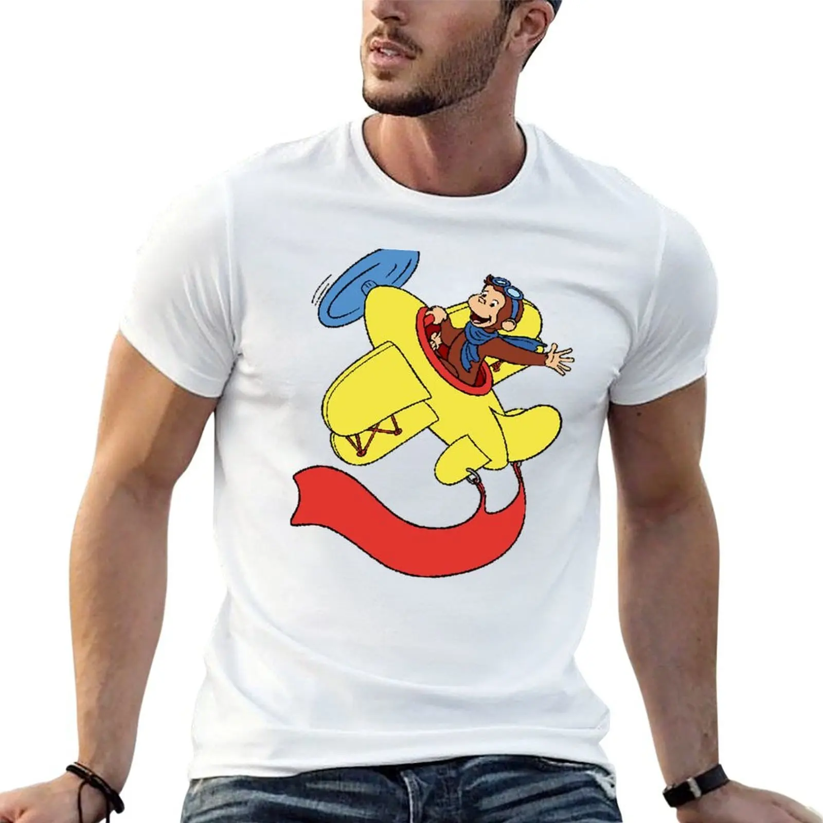 

Curious george in an airplan T-Shirt cotton t shirts man 100% t shirts cotton 100% anime t shirts for man T-Shirt