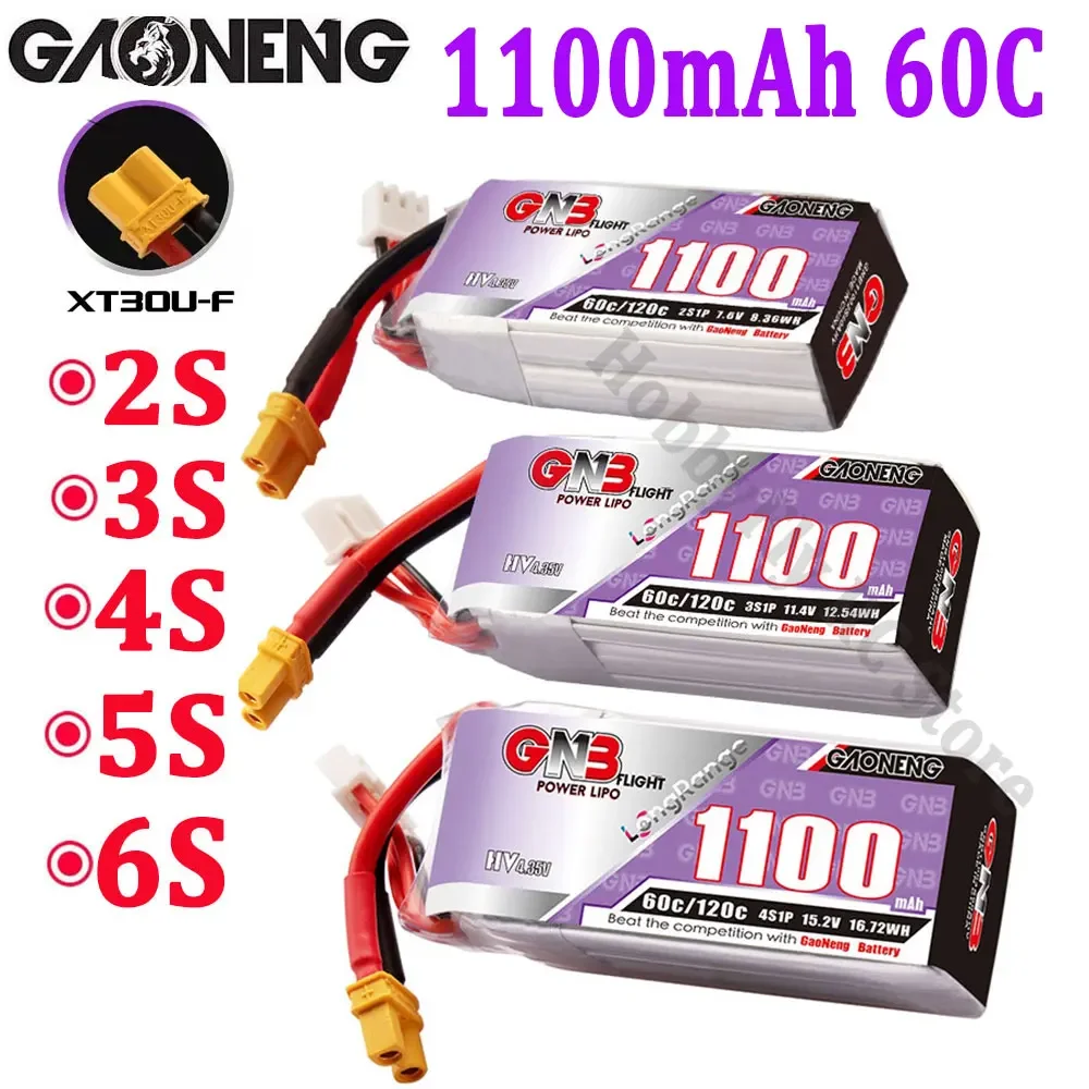 Gaoneng GNB 1100 mAh 60C 2S 3S 4S 5S 6S 7,6 V 11,4 V 15,2 V 19,0 V 22,8 V Lipo-Akku mit großer Reichweite und XT30-Stecker für FPV-Renndrohne