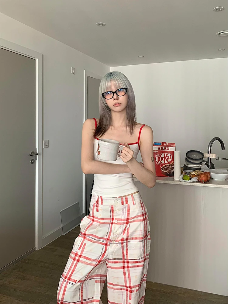 Plones Casus Retro a Cuadros Rojos para Mujer, Verano 2025, Nuevo Diseño, Estilo Hoado, Pierna Ancha Recta, Largos h...