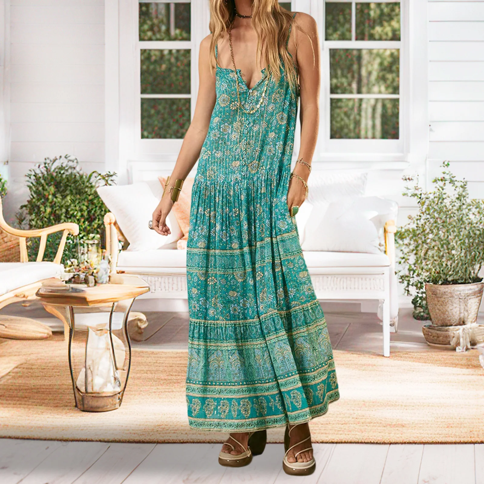Boho Women Sukienka bez rękawów na ramiączkach Spaghetti Sukienka z kwiatowym nadrukiem Dekolt w kształcie litery V Długa, zwiewna sukienka na wakacje Koktajl Streetwear