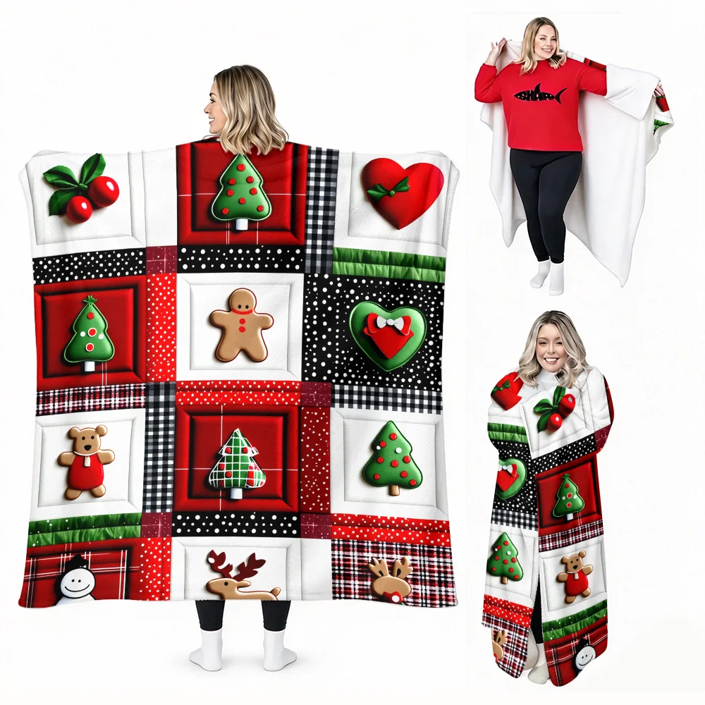 1PC Christmas Elements Puzzle Wearable Blanket-Soft and comfortable, unisex, perfect for holiday parties, everyday use, Christma