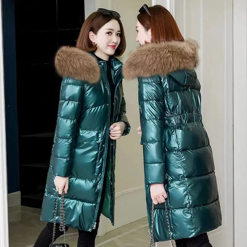 

2024 New Winter Women Jacket Parkas Female Glossy Down Cotton Jacket Fur Collar Hooded Thicken Warm Waterproof Casual Long Coat