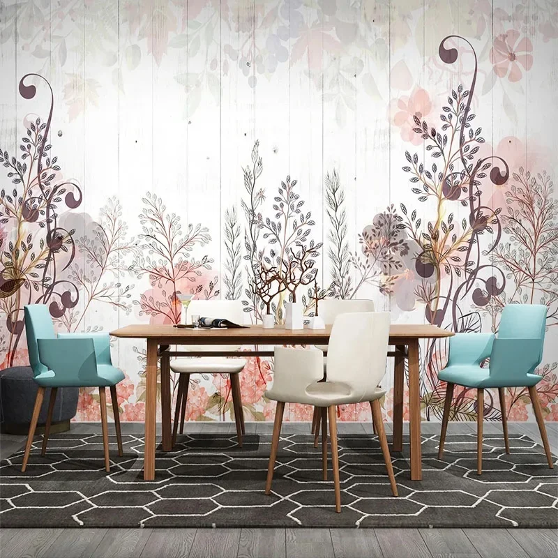 Custom 3D Papel De Parede Tropical Plants Flowers Wood Planks Grain TV Background lWall Painting For Bedroom Walls Home Décor