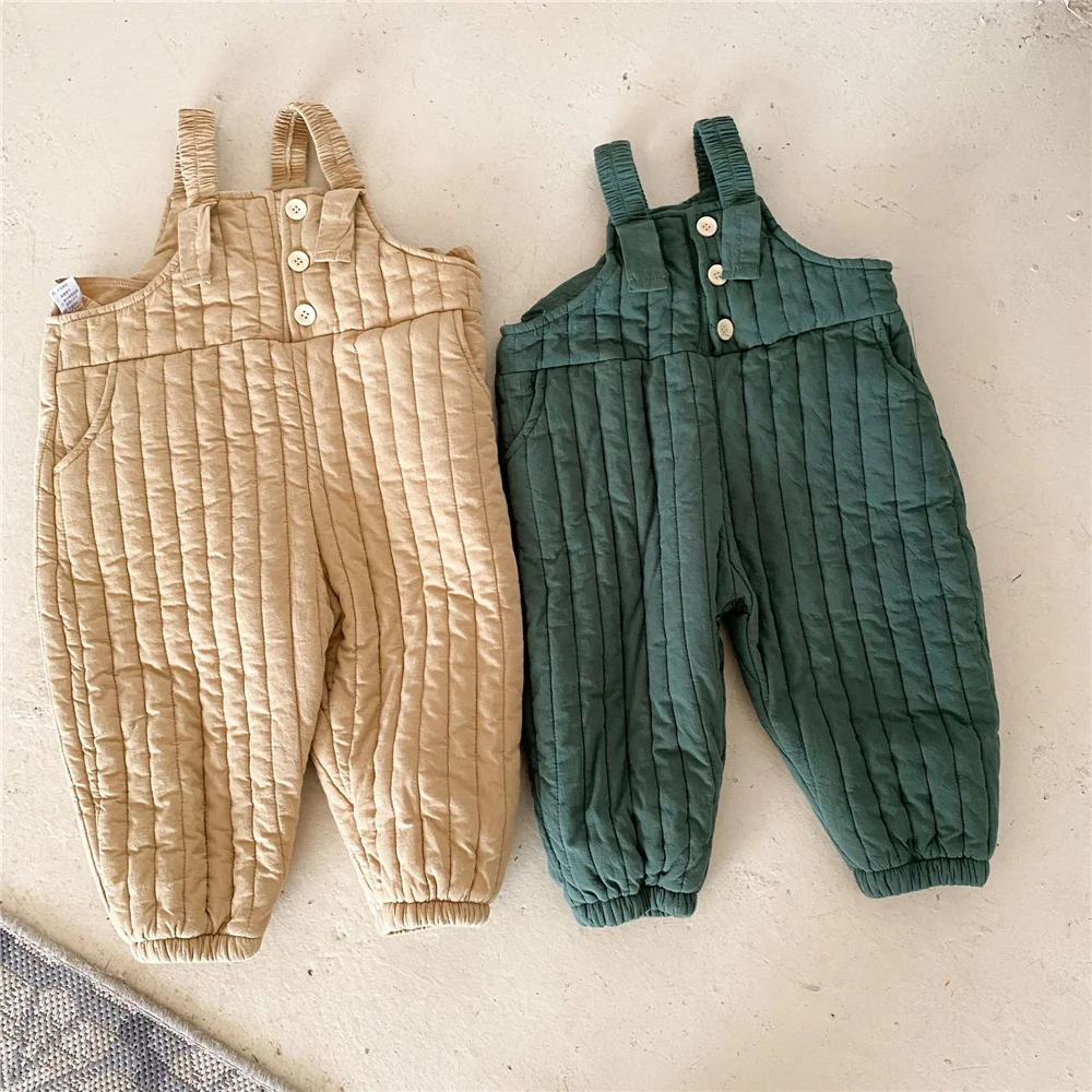 2023 Autumn Winter unisex solid color quilted overalls Korean style boys and girls warm thick casual suspender trousers 2-6Y