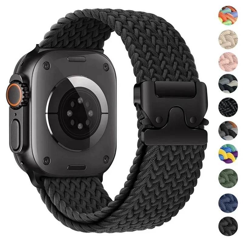 Braided Band Solo LoopสําหรับApple Watch Ultra2 49 มม.46 มม.44 มม.45 มม.42 มม.40mm41mmร่มชูชีพปุ่มSeries 10 9 8 7 6 5 4
