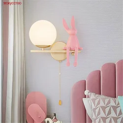 Creative Pink Rabbit Kids Led Wall Lamp With Pull Switch E27 Game Room Bedside Sofa Sconces Study Reading Night Light Fixtures