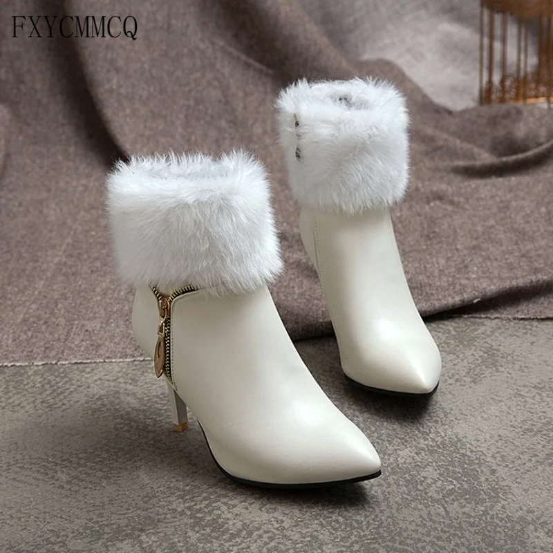 

FXYCMMCQ Winter New Stiletto Heel Pointed Toe Women's Plus Fleece Short Boots 571-4