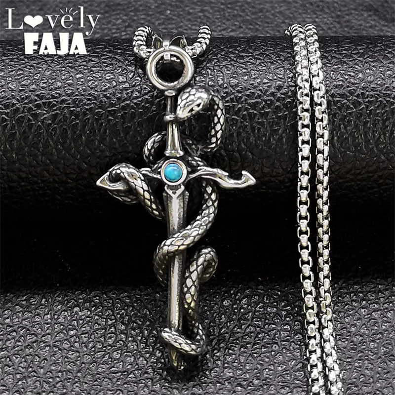 Retro Snake Sword Dagger Charm Pendant Necklace for Men Stainless Steel Gothic Antique Animal Necklaces Rock Punk Jewelry Gifts