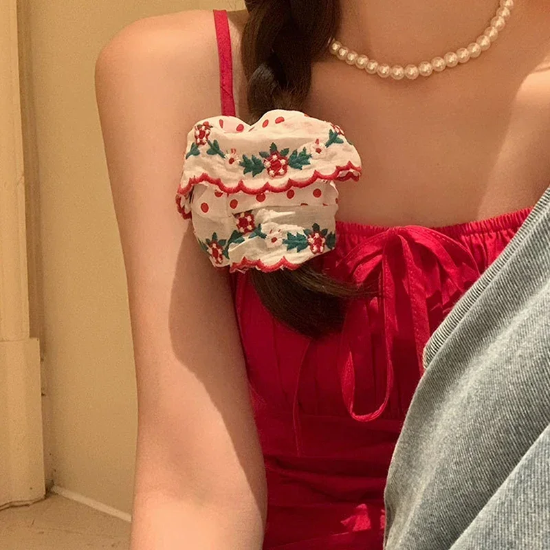 Women Beautiful Embroidered Large Scrunchies Elastic Hair Bands Hair Ties Sweet Hair Accessories Ponytail Holder Head Rope - view 3