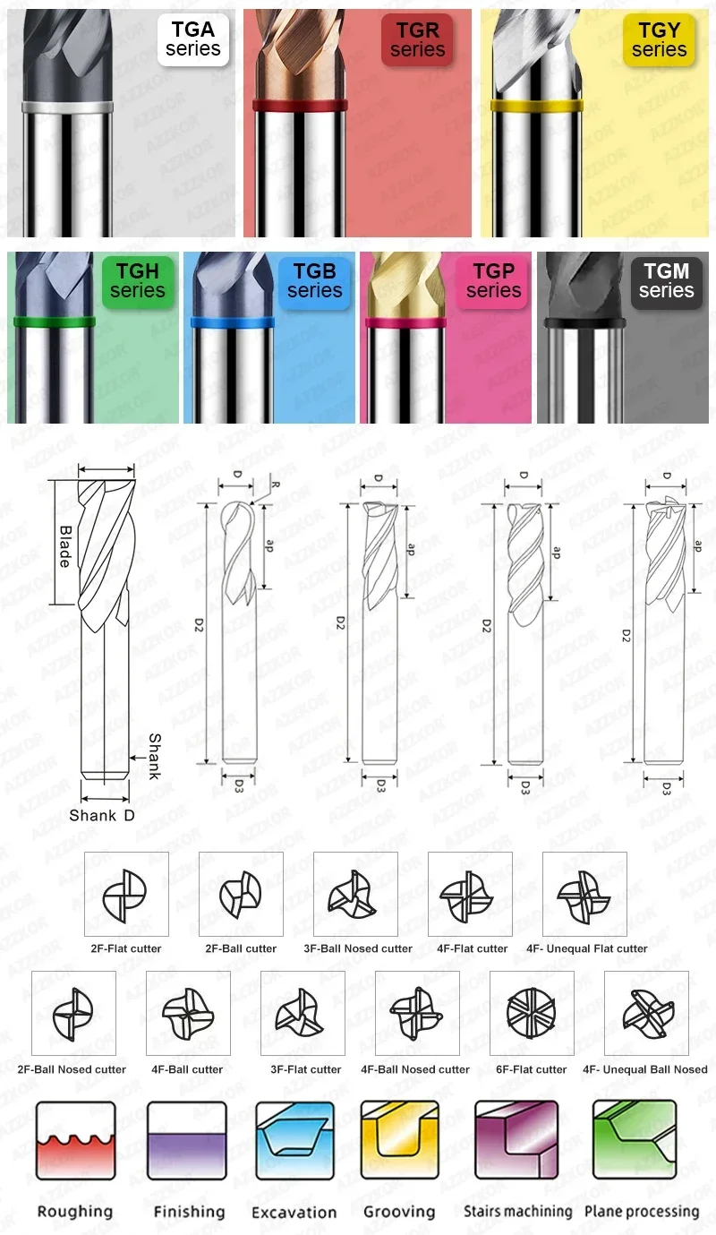 قاطعة المطحنة 1cps سبائك طلاء التنغستن الصلب أداة ماكينة بتحكم رقمي بالكمبيوتر EndMill AZZKOR أعلى قاطعة المطحنة عدة أدوات آلة الطحن