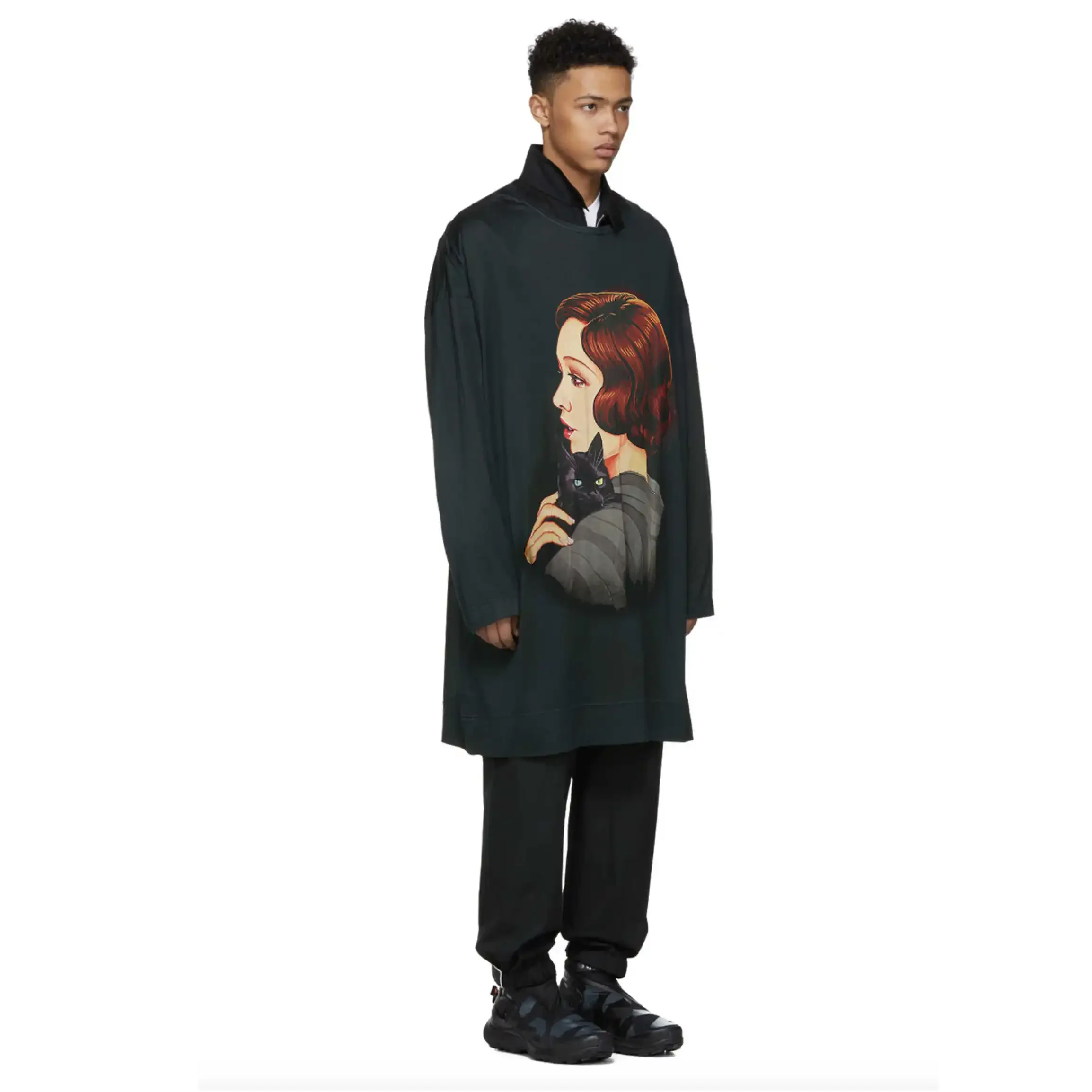 YOJI OOAK عقد القط طويل هوديي كم طويل كبير تي شيرت مطبوع متماسكة فضفاضة عادية مستديرة الرقبة صورة ظلية INS رجل #3