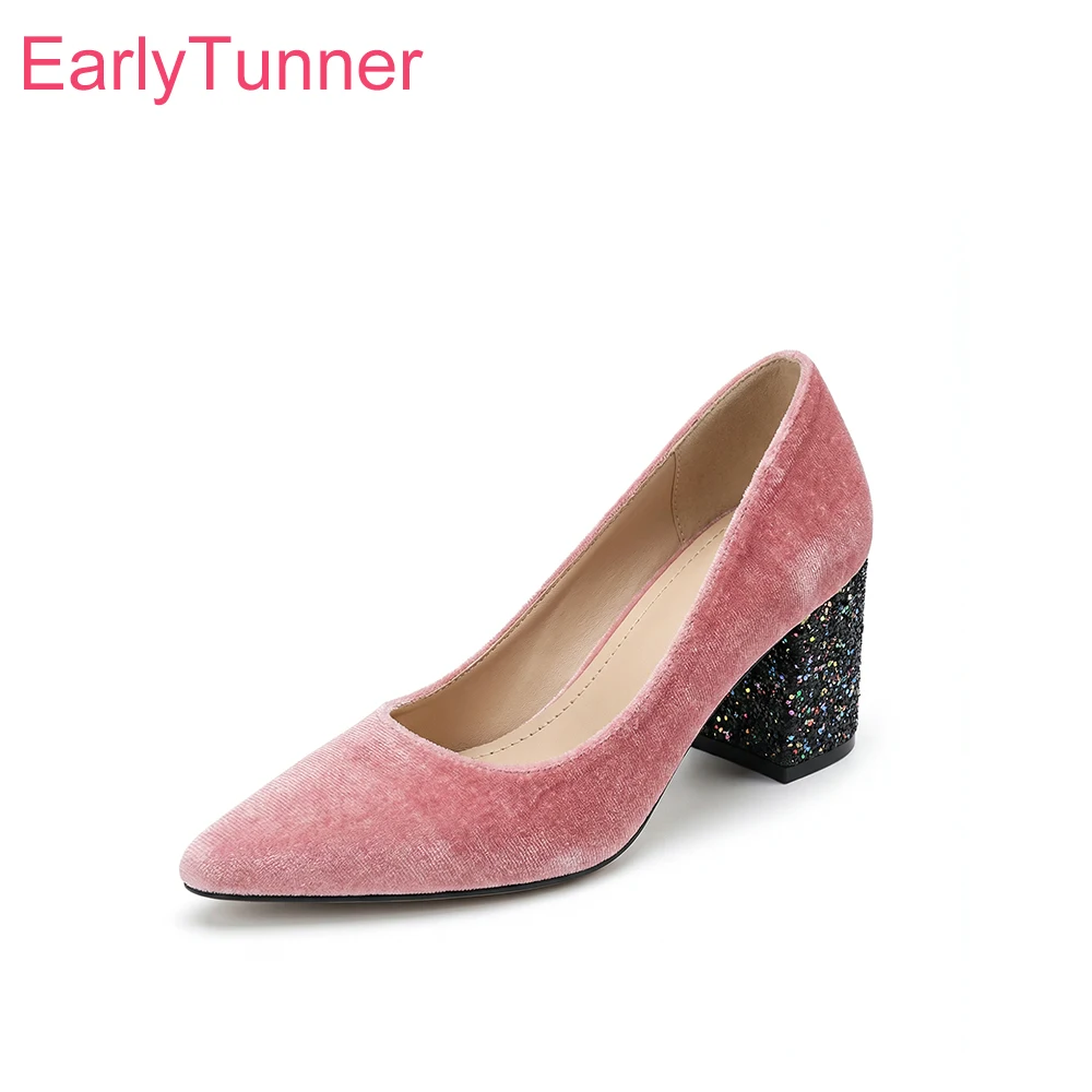 Zapatos de Tacón Grueso con Punta en Pico de Terciopelo Rosa para Mujer, Moda Primavera 2026, Zapatos de Novia para Dama, Tallas Grandes 12 43 45 48