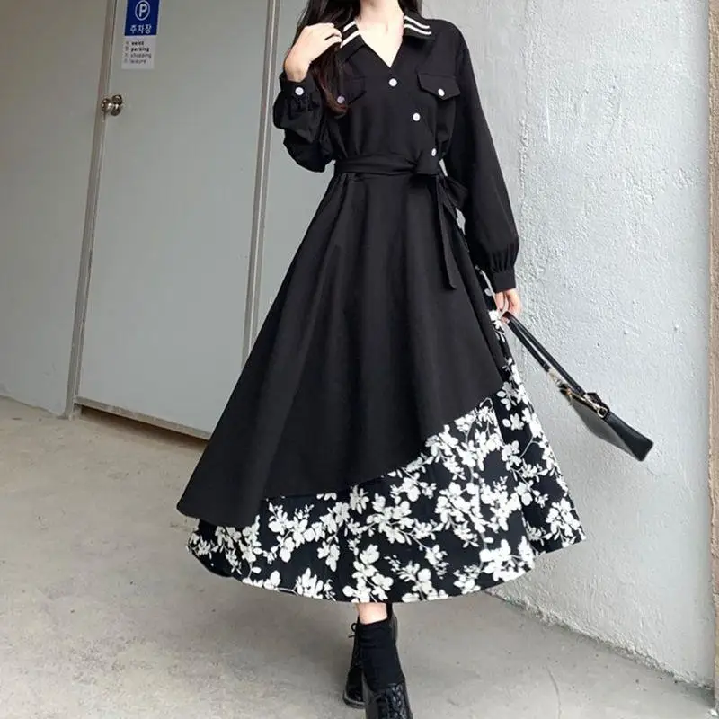 

Dress Women's Long-sleeved Fashion Design Sense Over-the-knee Long Skirt Spring And Autumn Large Size Closed Waist Stitching Flo