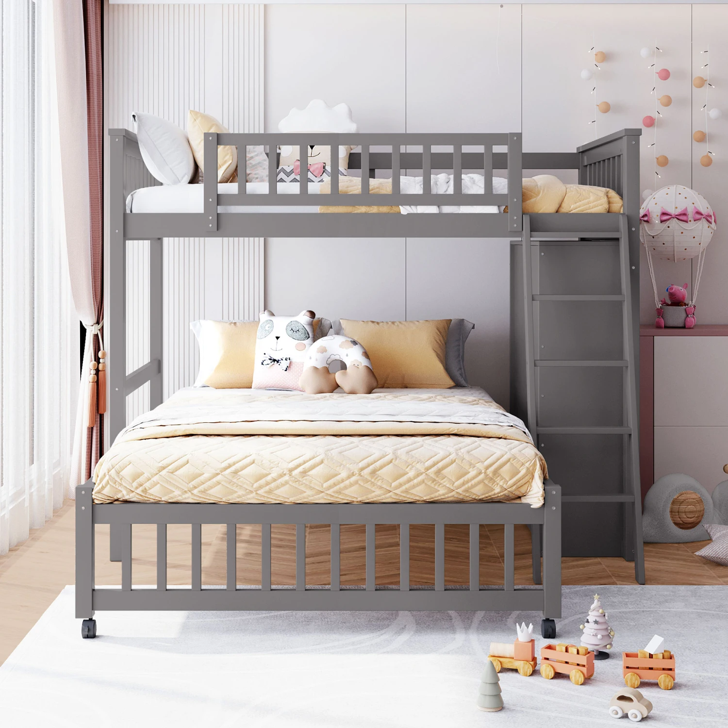 Wooden Twin Over Full Bunk Bed With Six Drawers And Flexible Shelves,Bottom Bed With Wheels,Gray(OLD SKU LP000531AAE)