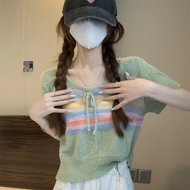 Rainbow Striped T-shirts Women Sweet Bow Summer Thin Short Sleeve O-neck Loose Tops Korean Style Versatile Casual Blouse Female