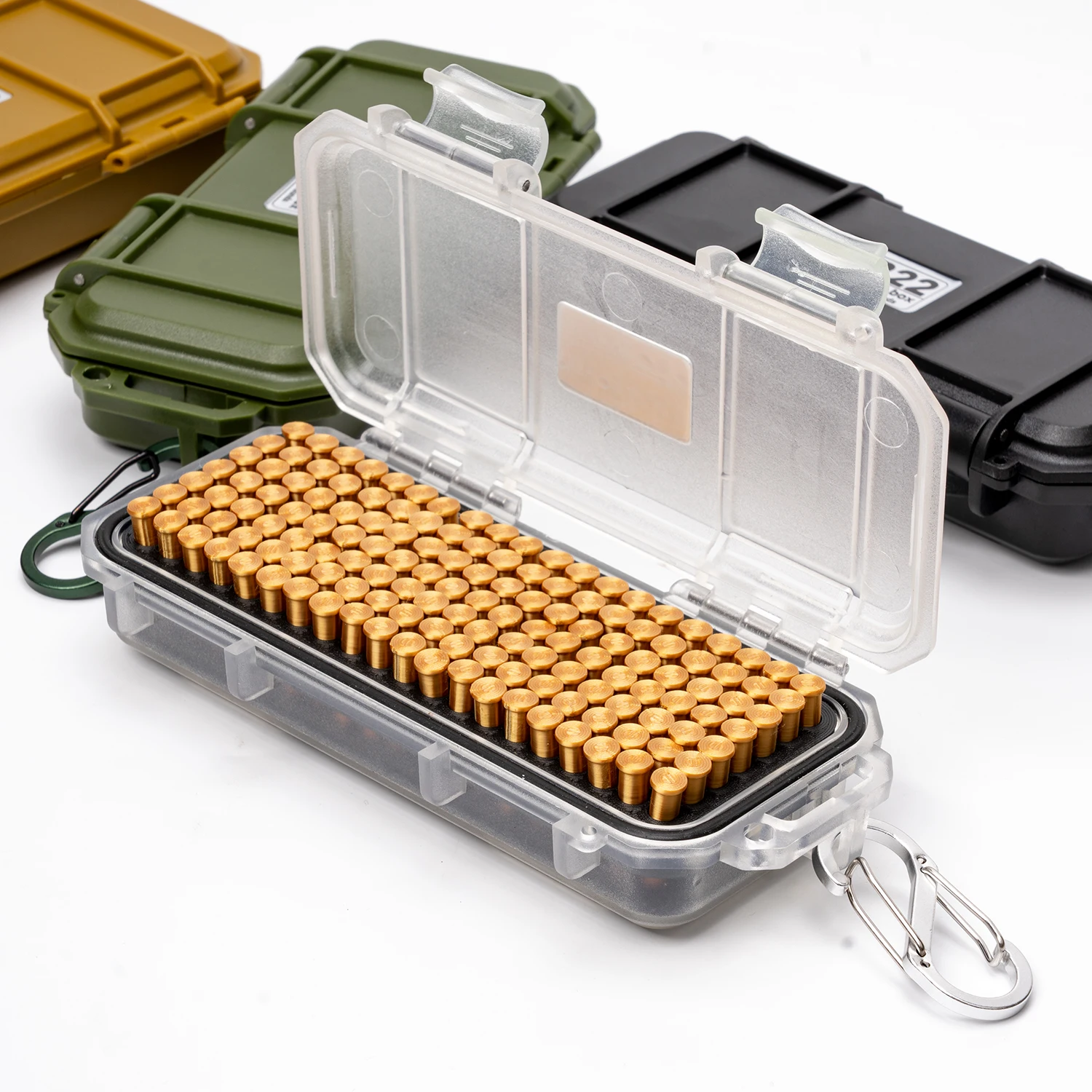 1 x Tragbare Munitionsbox für.22 LR (Kapazität für 140 Patronen) – Bruchfest, versiegelte Aufbewahrungsbox mit Karabiner – Detail 1