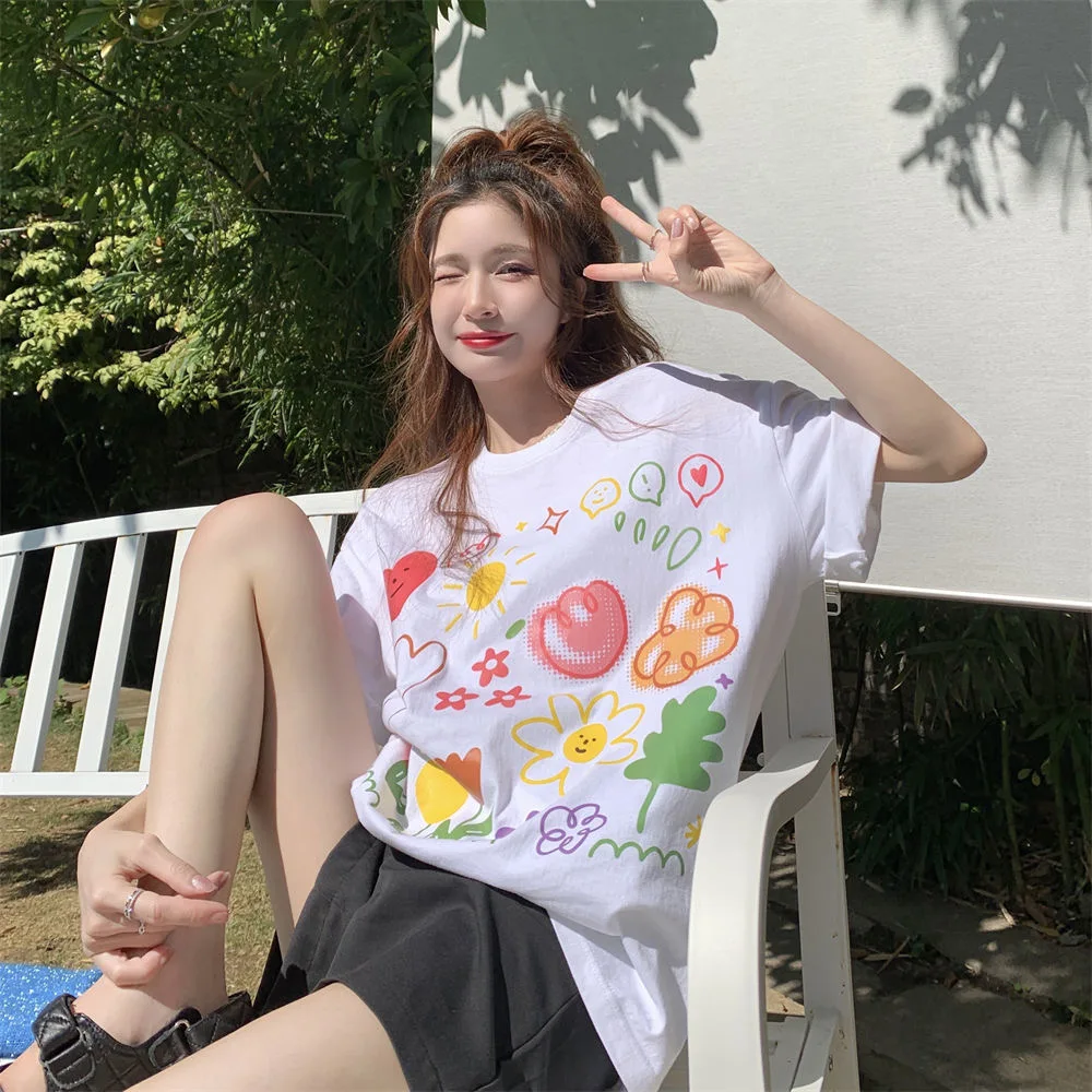 Fashion Women Tshirt Aesthetic Flower Printed T Shirt Cotton Summer Korean Loose Oversized Tee Sweet Cute Top Short Sleeve Girls