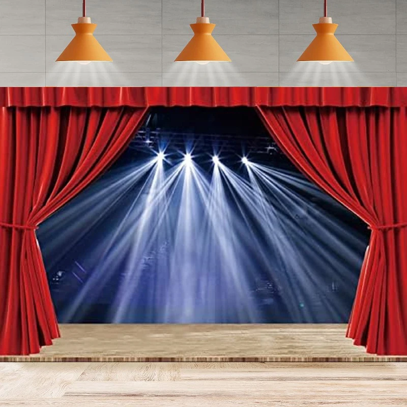 Theater Stage Photography Backdrop Red Curtains Interior Spotlights Stage Wooden Floor Festival Background Party Backdrop Wall