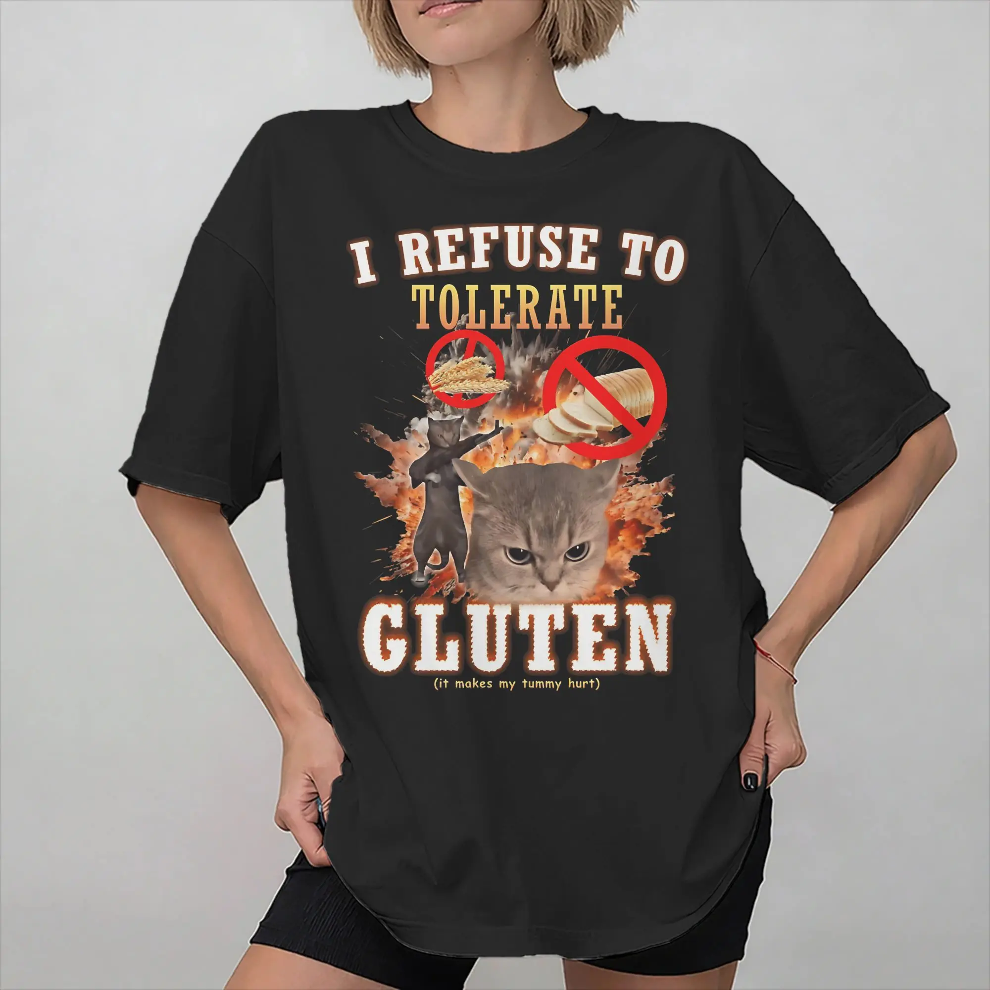 Men Women I Refuse To Tolerate Gluten Funny Cats T Shirt 100% Cotton Graphic Printed Tee Shirts  Clothing Outfits
