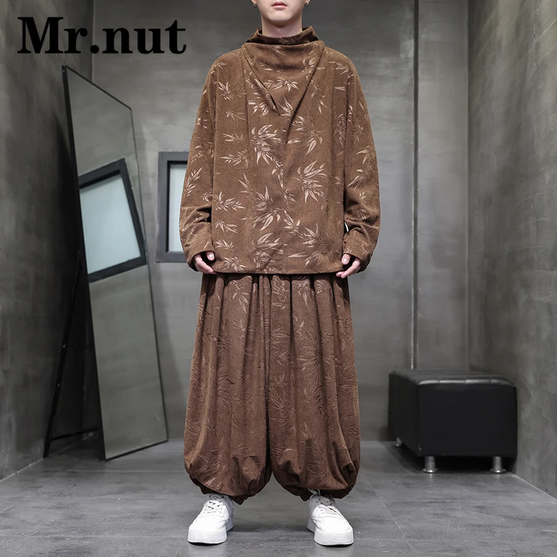 

Mr.nut High Necked Shirt Lantern Pants Men's Clothing Set Unisex Leaf Print Casual Loose Specialty Corduroy Clothes Outfit