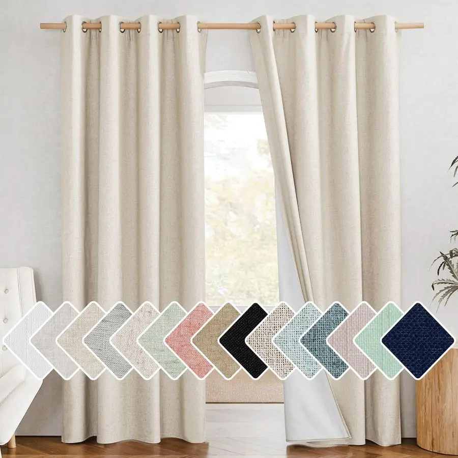 

100 Absolutely Blackout Linen Curtains with Thermal Insulated White Liner, 52 Wide, 2 Panels, 84 inches Long Drapes, Grommet Ret