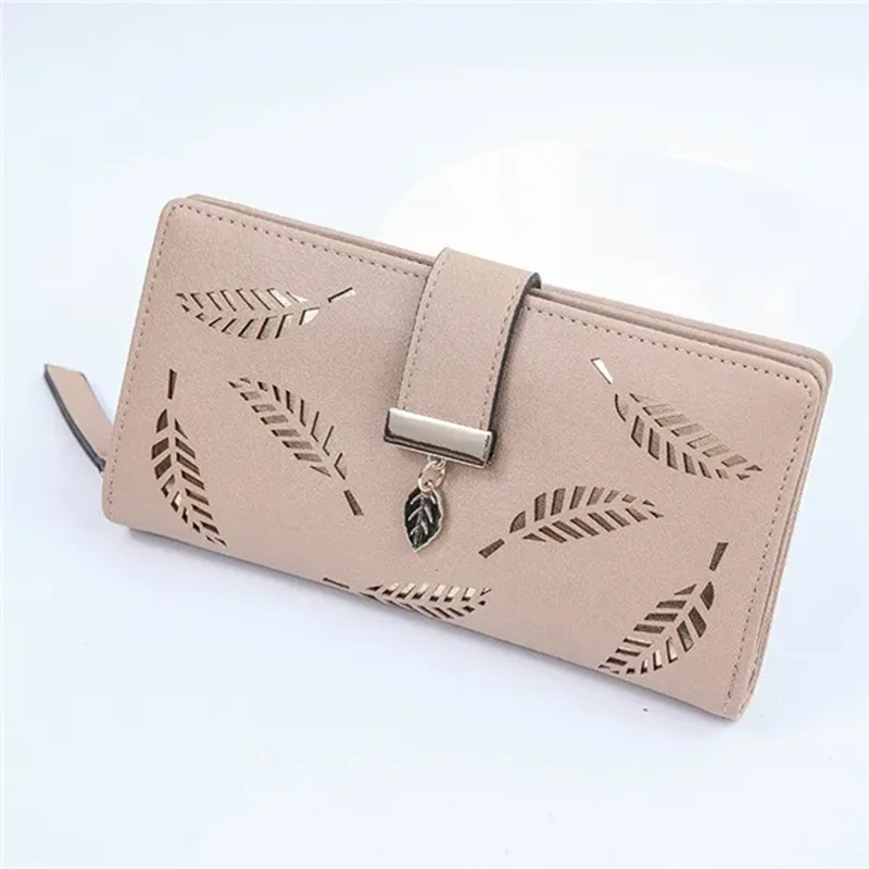 Many Departments PU Leather Long Wallet for Women Lady Purse High Quality Female Wallets Card Holder Clutch Hollow Out Leaves