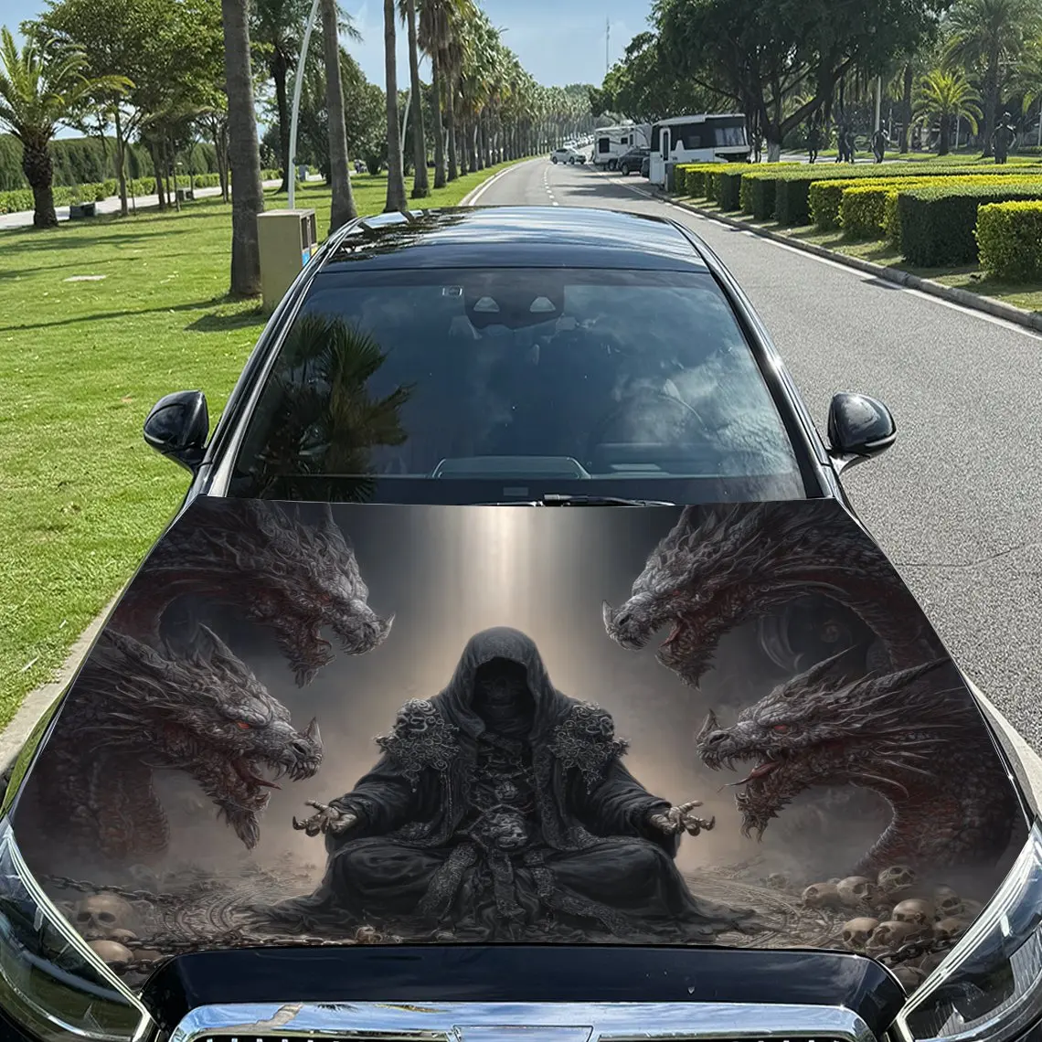 

Dark Reaper and Dragons Car Vinyl Wrap, PVC Material Waterproof Car Hood Sticker, Self-Adhesive Scratch-Resistant Stickers for E