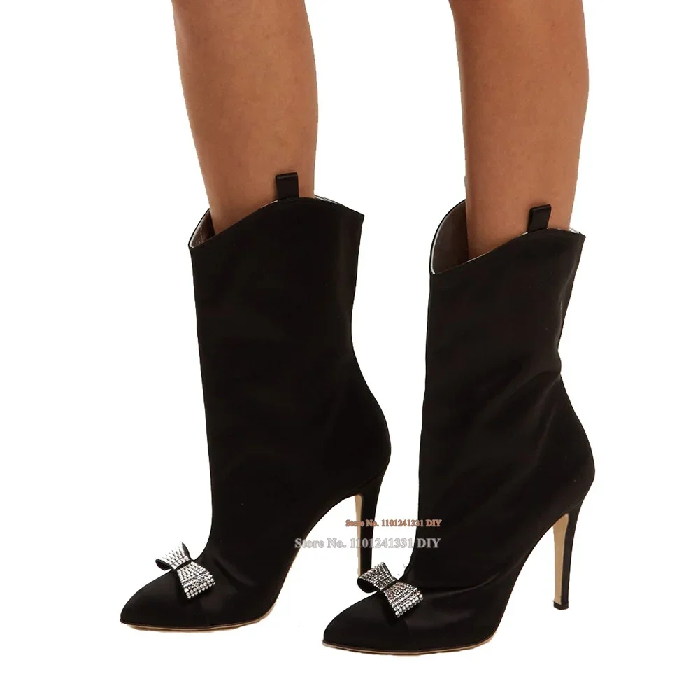 

Red Black and Pink Satin Fabric Thin High Heel Short Boots Women Crystal Bowtie Knot Pointed Toes Thin High Heels Ankle Boots