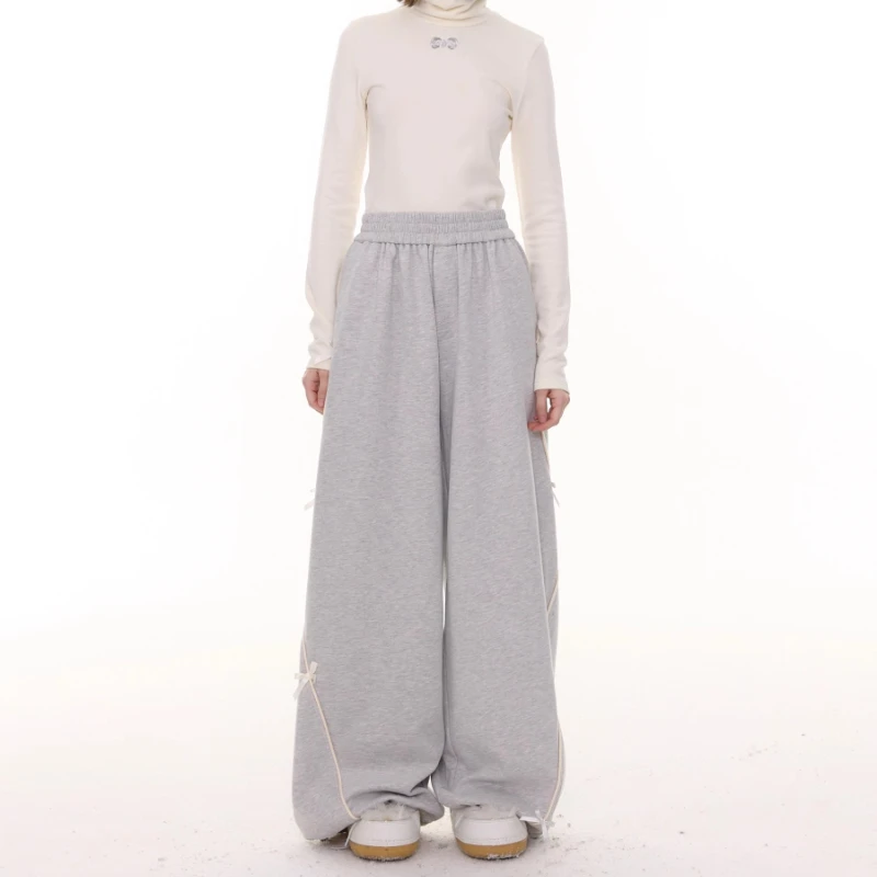 Autumn Design High-Waisted Slimming Bow Women's Long Pants American Retro Gray Loose Versatile Casual Wide-Leg Trousers Ladies