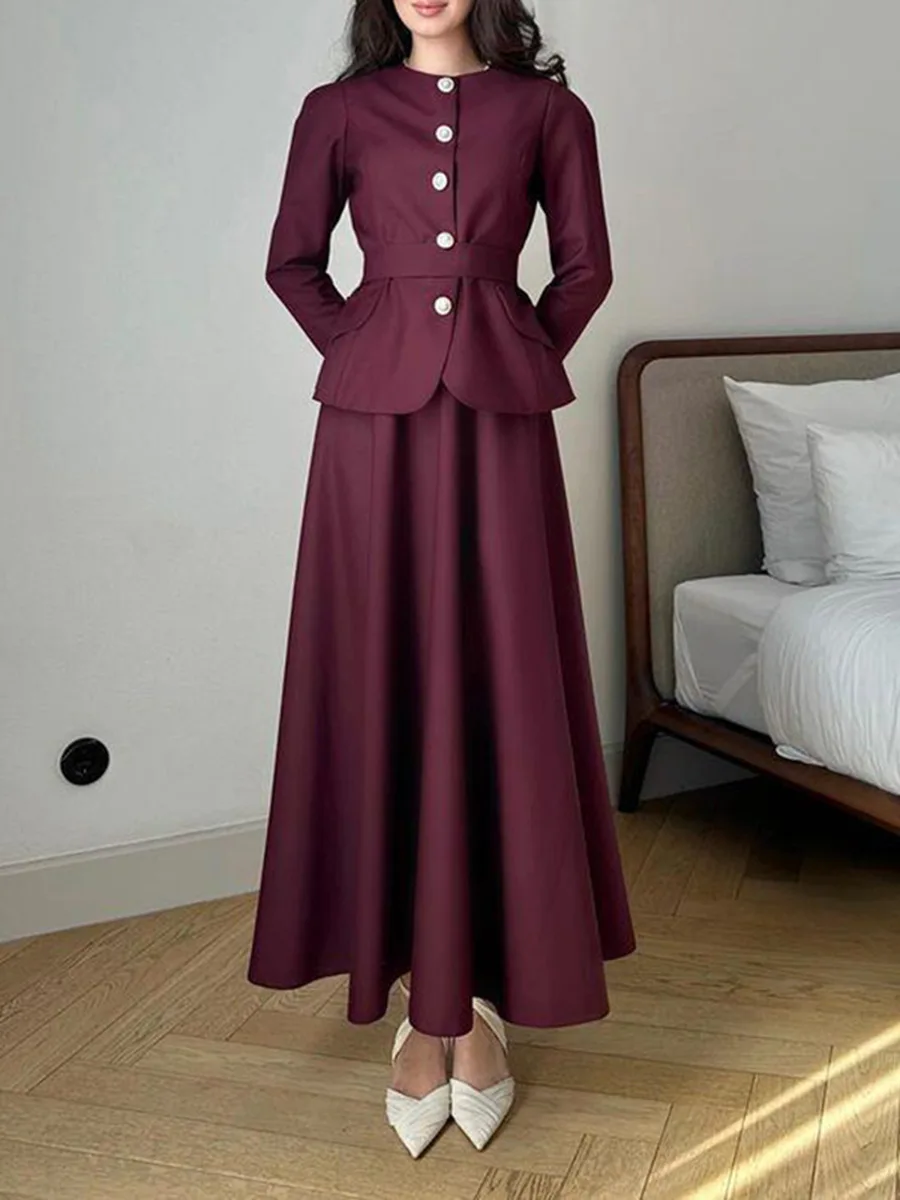 

Fashion Casual Suit For Women 2024 Autumn Winter New Item Solid Color Round Neck Single Breasted Design Slim Fit Long Skirt Set