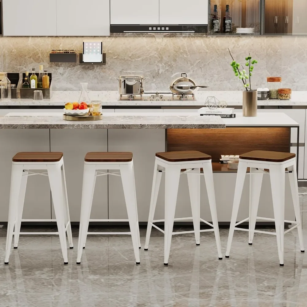 Metal Bar Stools Set of 4 Industrial Backless Counter Height Barstools Kitchen Patio Stool Stackable with Wooden Seat- White