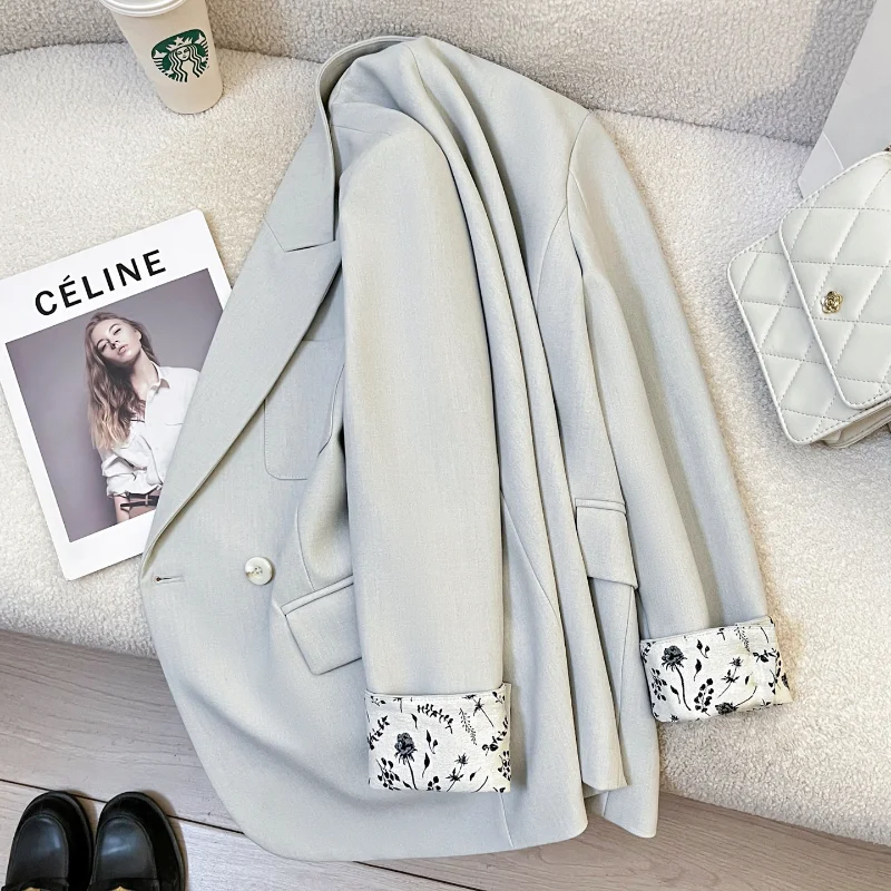 High Quality Blue Simple Basic Loose Suit Jacket Women Chic Casual Loose Office Lady French Long Sleeve Stitching Suit Coat