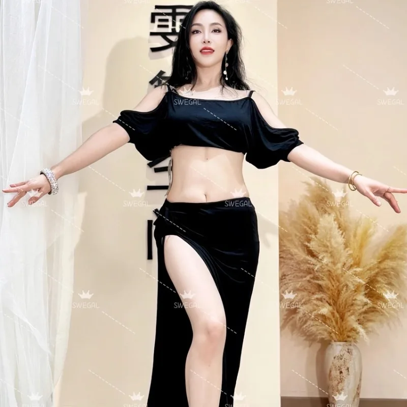 맞춤형 스웨갈 벨리댄스 연습복 동양 무용 의상 블랙 모달 배트 슬리브 탑과 드로스트링 롱 스커트