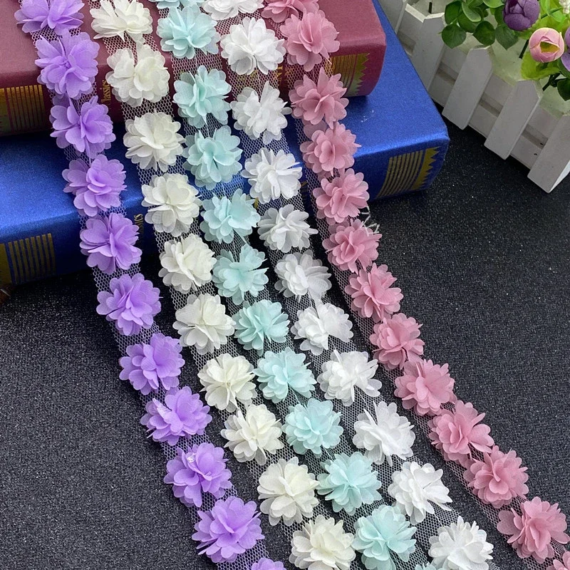 28 Pcs 3CM Wide 3D Daisy Flower Chiffon Tulle Lace Fabric for DIY Fringe Trim Party Wedding Dress Applique Collar Sewing Crafts